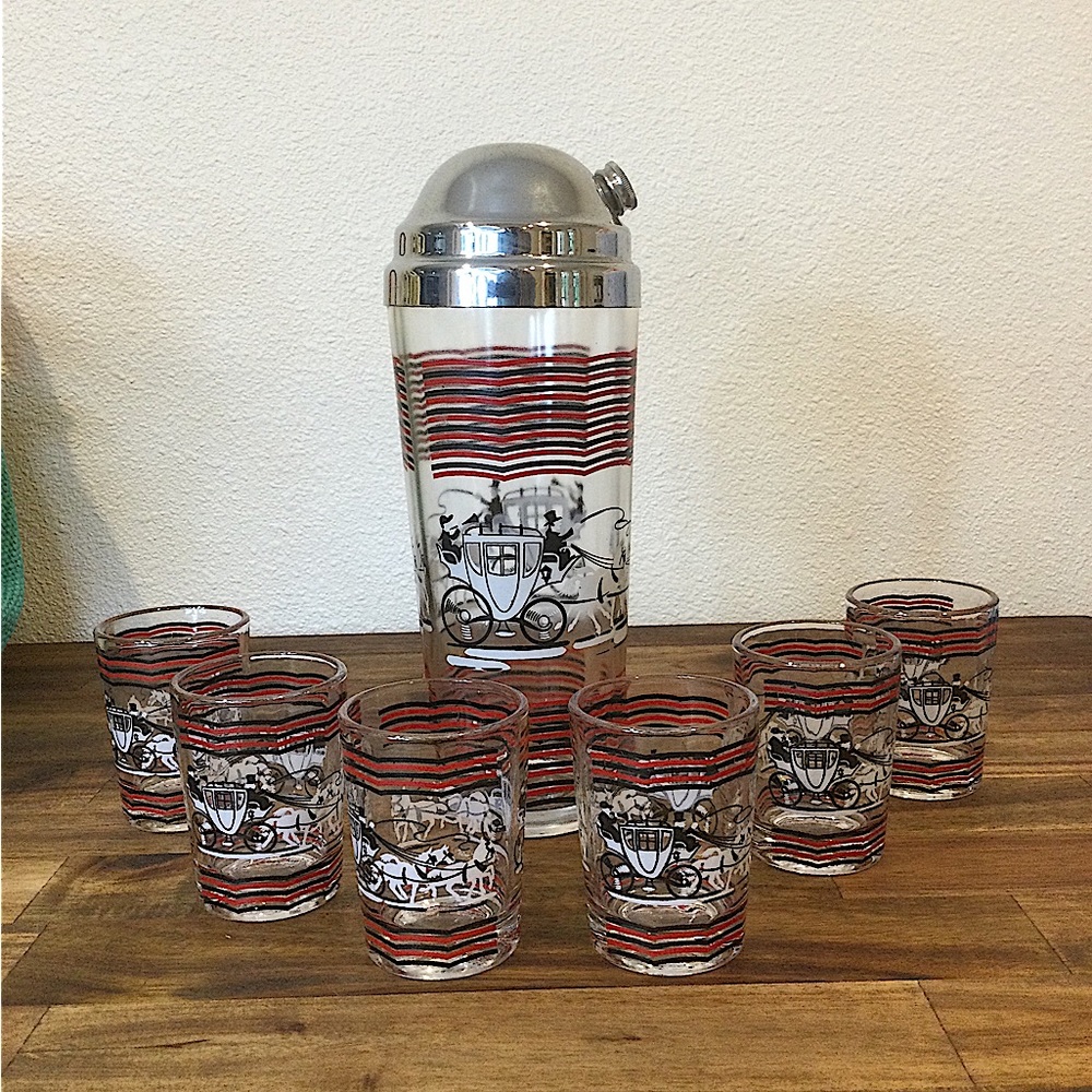 Hazel Atlas Glass Equestrian Stage Coach Cocktail Shaker w 6 Shot Glasses